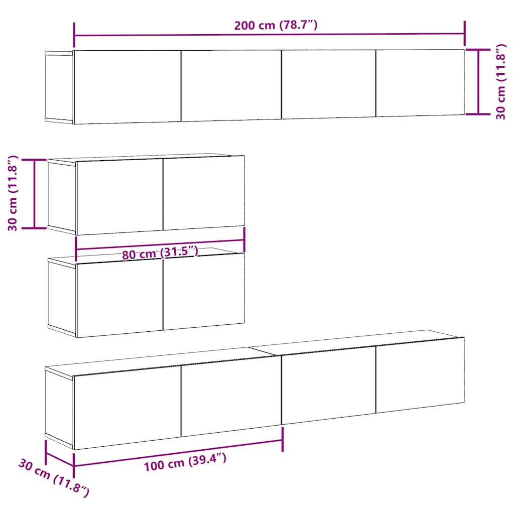 6 Piece TV Cabinet Set Wall-mounted Artisan Oak Engineered Wood