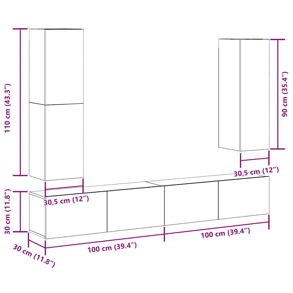 4 Piece TV Cabinet Set Wall-mounted Artisan Oak Engineered Wood