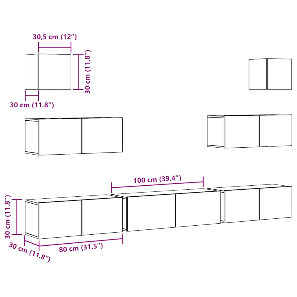 7 Piece TV Cabinet Set Wall-mounted Artisan Oak Engineered Wood