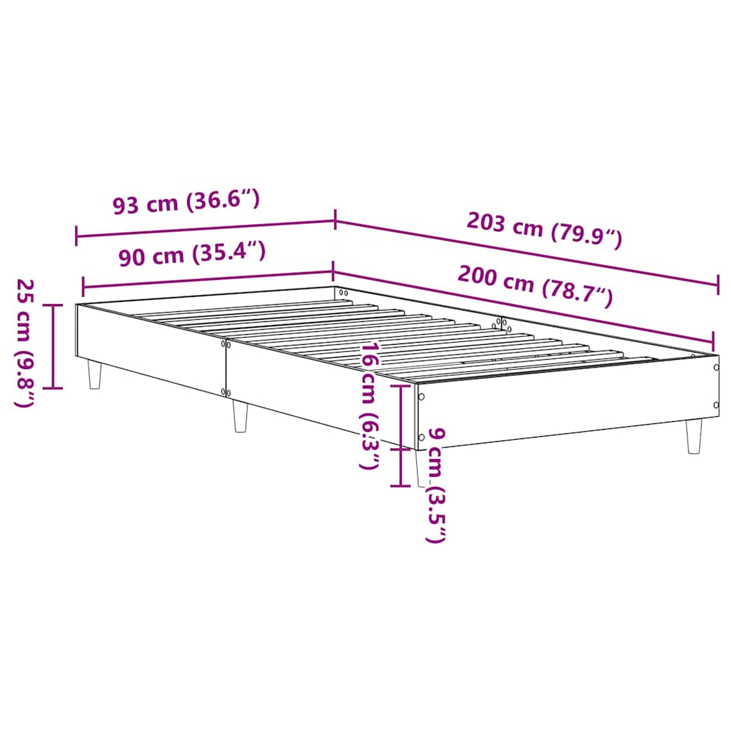 Bed Frame Grey Sonoma 203 x 93 x 25 cm Engineered Wood