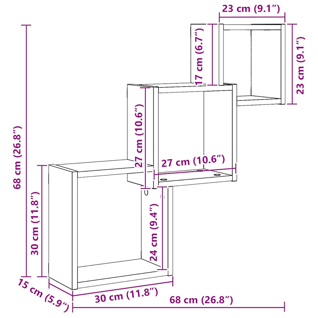 Wall Cube Shelves Black Oak 68x15x68 cm Engineered Wood