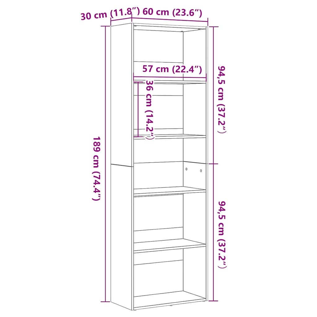 Bookcase Black Oak 60x30x189 cm Engineered Wood