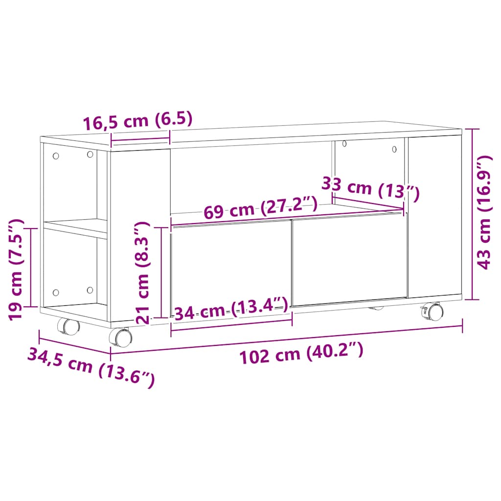 TV Cabinet with Wheels Black Oak 102x34,5x43 cm Engineered Wood