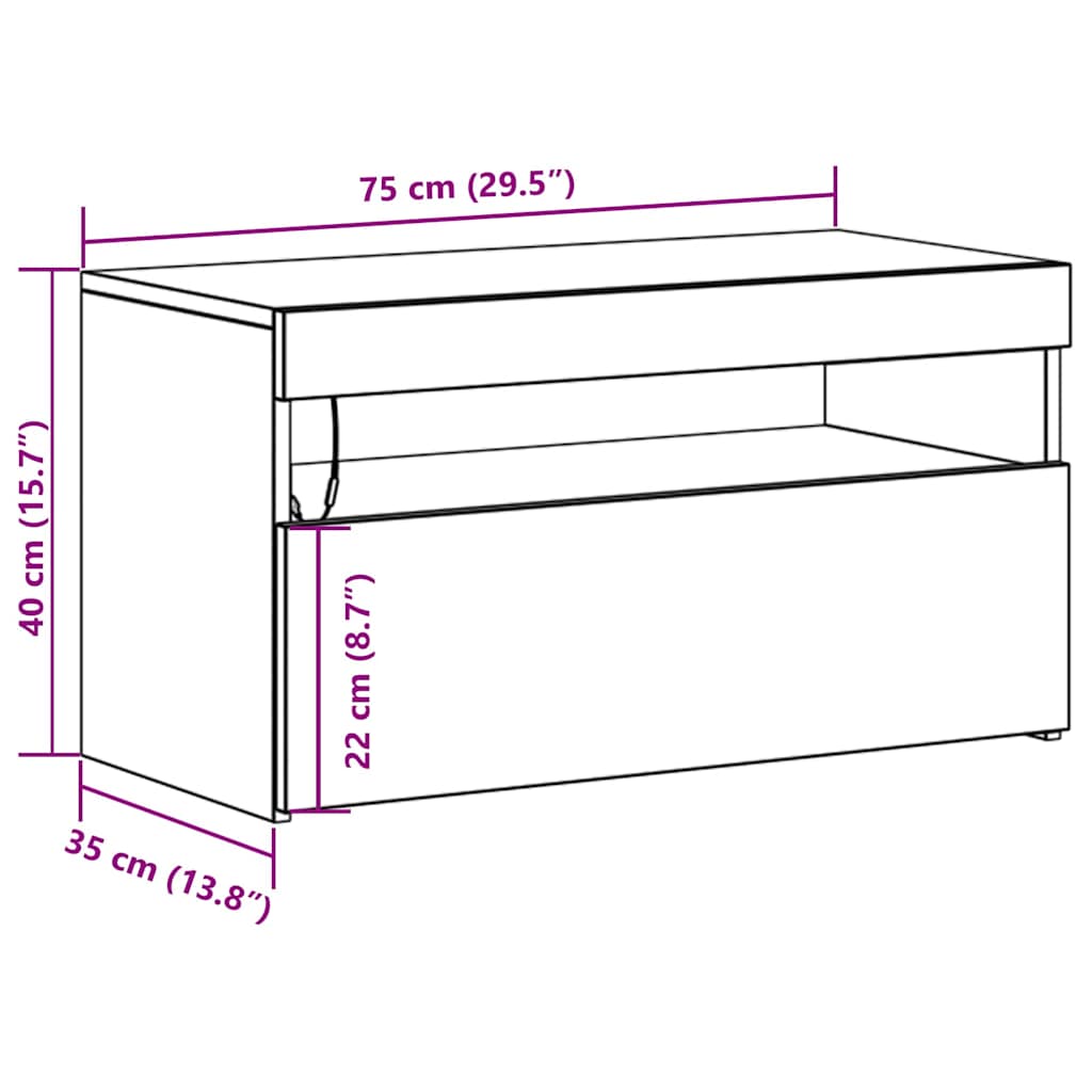 TV Cabinet with LED Black Oak 75 x 35 x 40 cm Engineered Wood