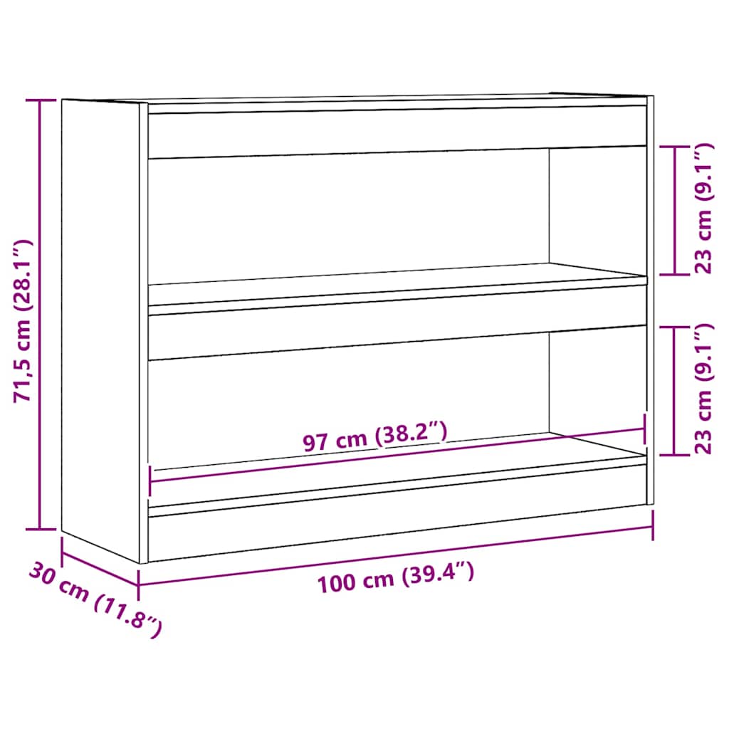 Bookcase 2-Tier 100 x 30 x 72 cm Engineered Wood Black Oak
