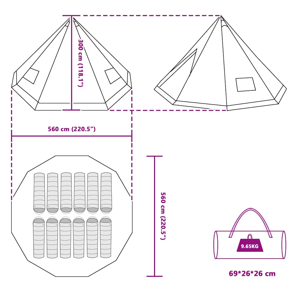Family Tipi Tent Folding with Roof Green 560 x 560 x 300 cm