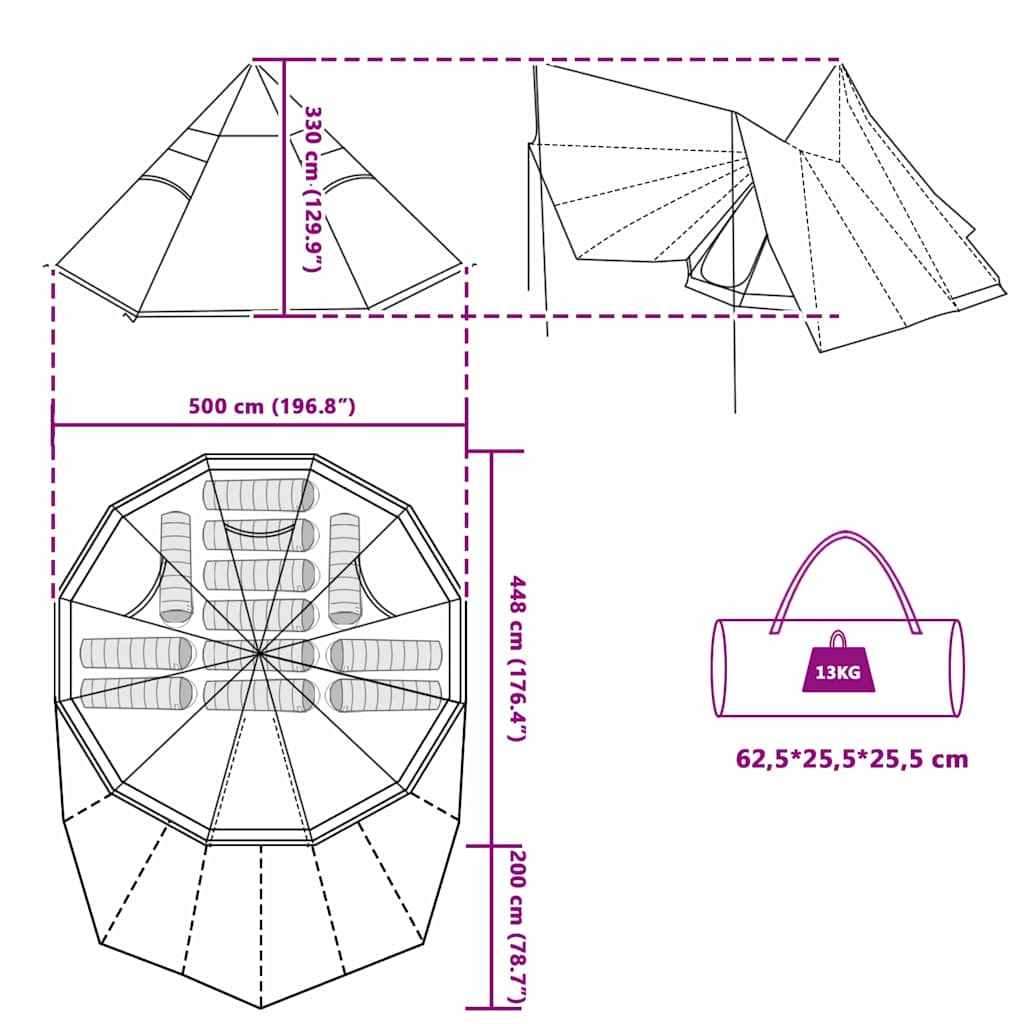 Family Tipi Tent Folding Blue and Grey 510 x 690 x 330 cm