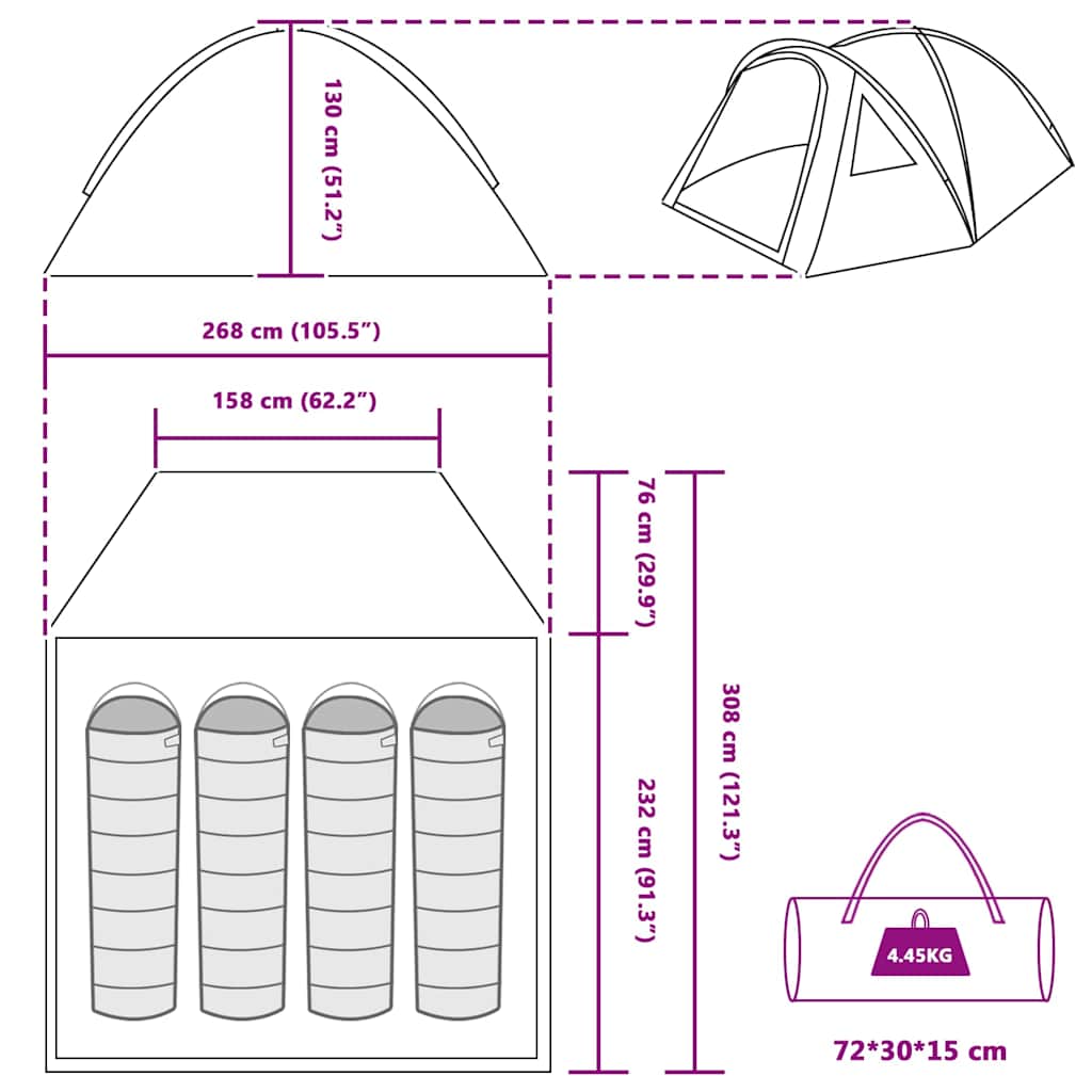 Dome Tent 4-Person 308 x 268 x 130 cm Grey and Orange Taffeta