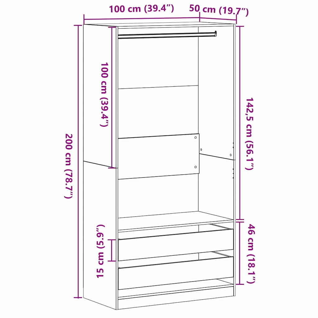 Wardrobe with Shelf Black Oak 100 x 50 x 200 cm Engineered Wood