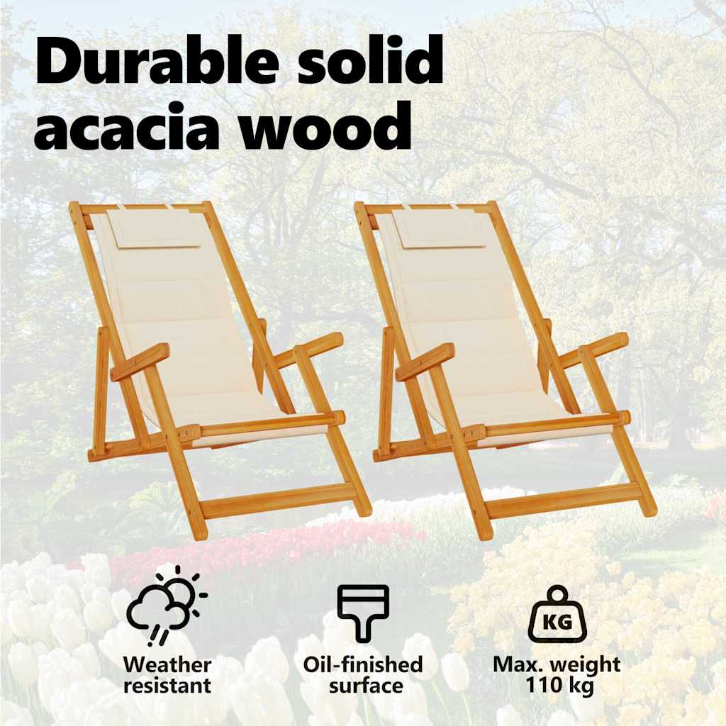 Beach Chair with Cushion Folding 2 pcs Brown Solid Acacia Wood
