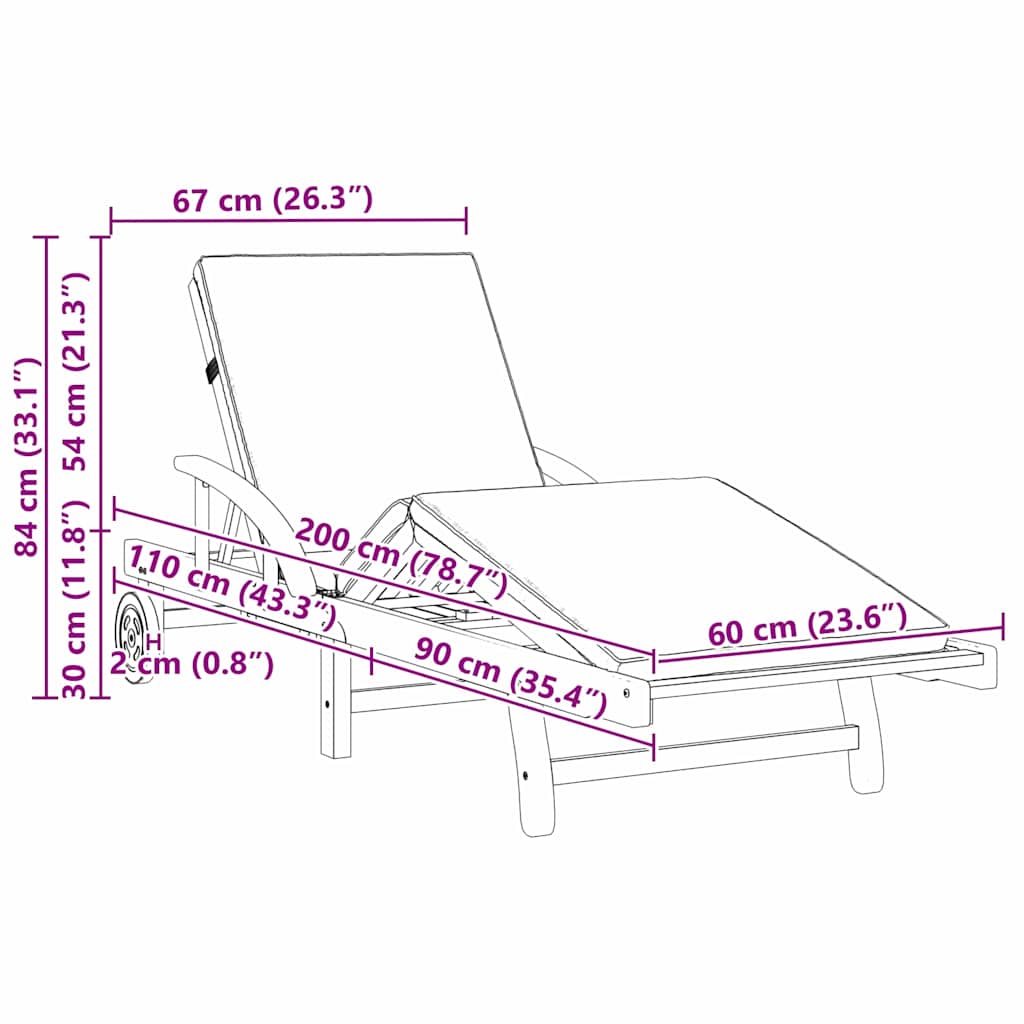 Sun Lounger 2 pcs Red 200 x 67 x 84 cm Solid Acacia Wood