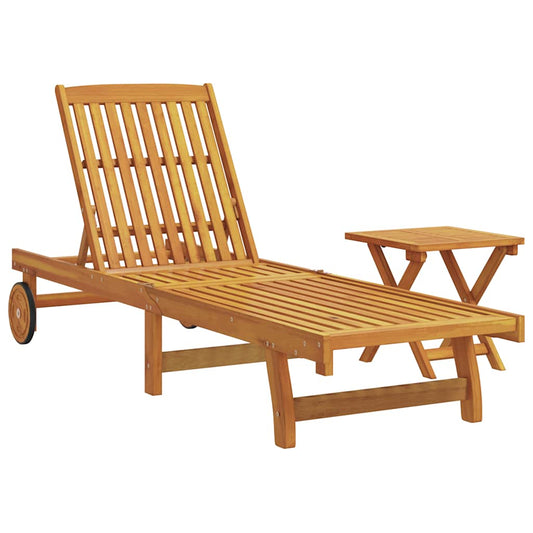 Wheeled Sun Lounger with Table Solid Wood Acacia Wheeled Sun Lounger with Table Solid Wood Acacia