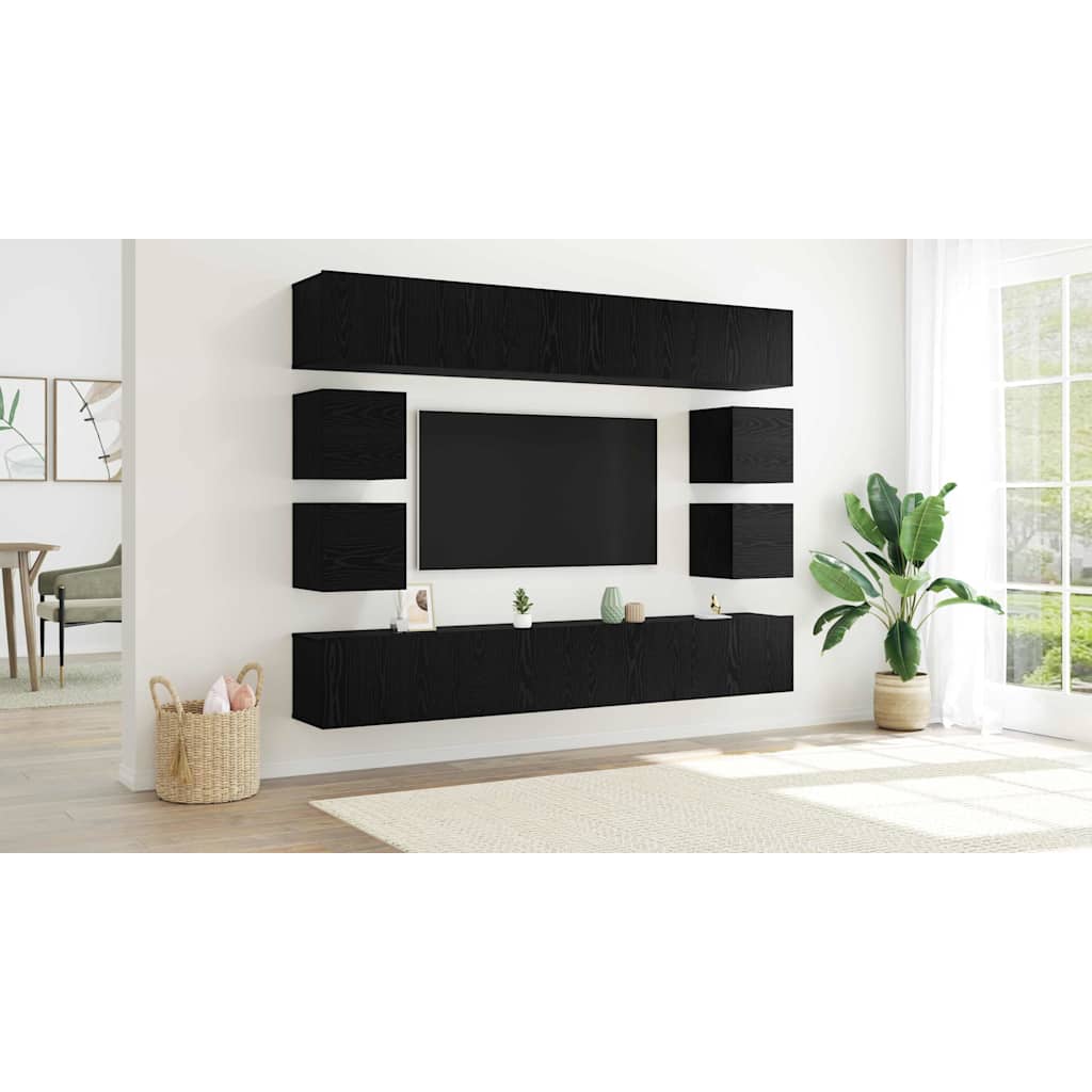 TV Cabinet Set Wall-mounted 8 pcs Black Oak Engineered Wood