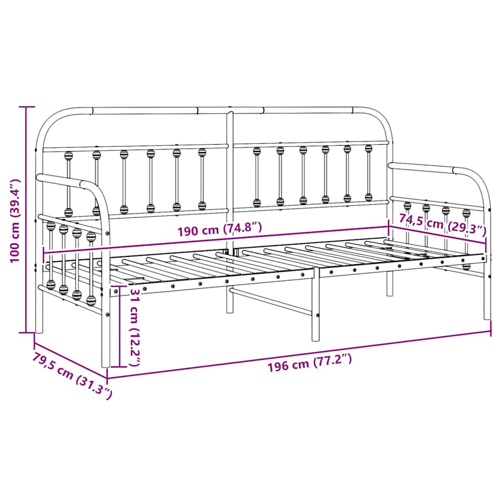 Daybed Frame Black 75 x 190 cm Powder-Coated Steel