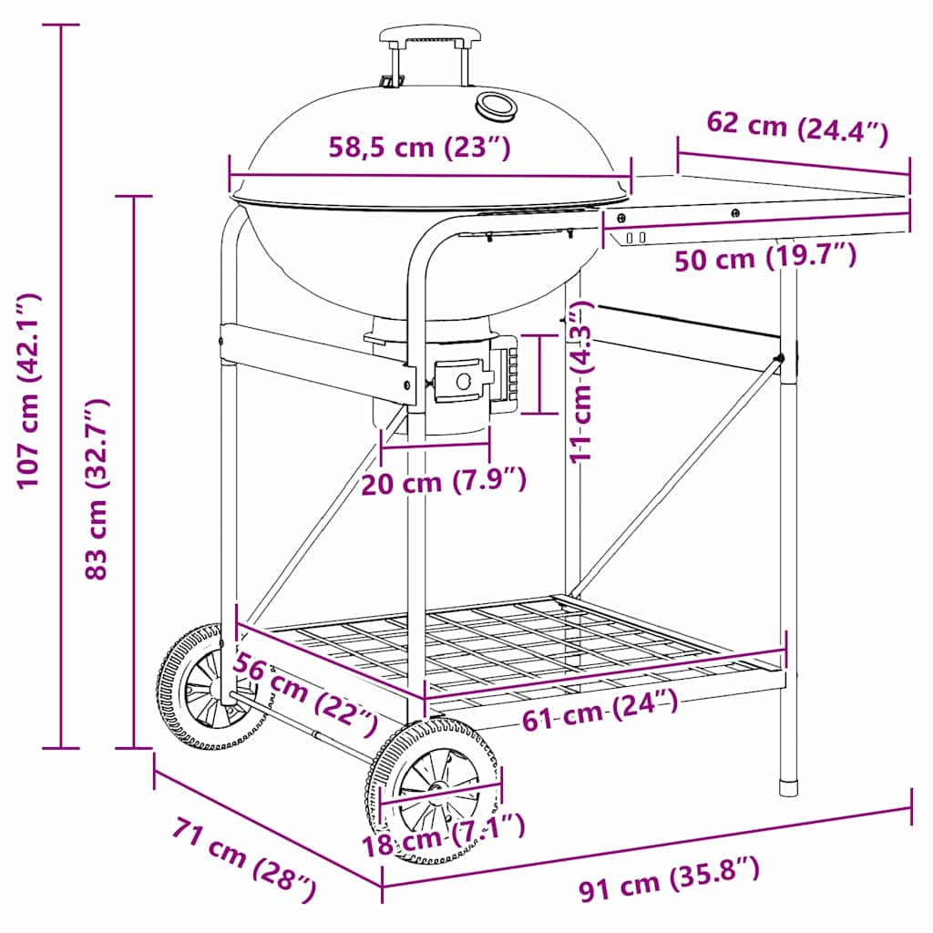 Outdoor Grill with Wheel Black 91 x 71 x 107 cm Metal