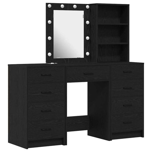 Dressing Table with Mirror Lights 3 pcs Black Engineered wood Dressing Table with Mirror Lights 3 pcs Black Engineered wood