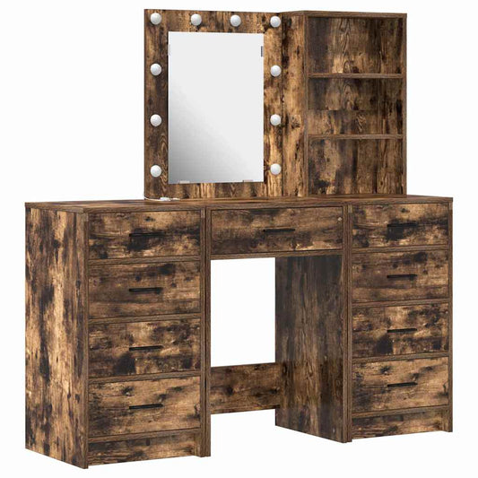 Dressing Table with Mirror Lights 3 pcs Brown Engineered wood Dressing Table with Mirror Lights 3 pcs Brown Engineered wood
