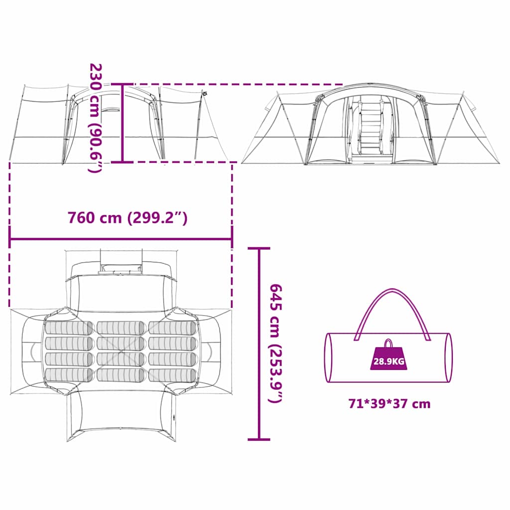 Family Tent with Roof Grey and Orange 760 x 645 x 230 cm