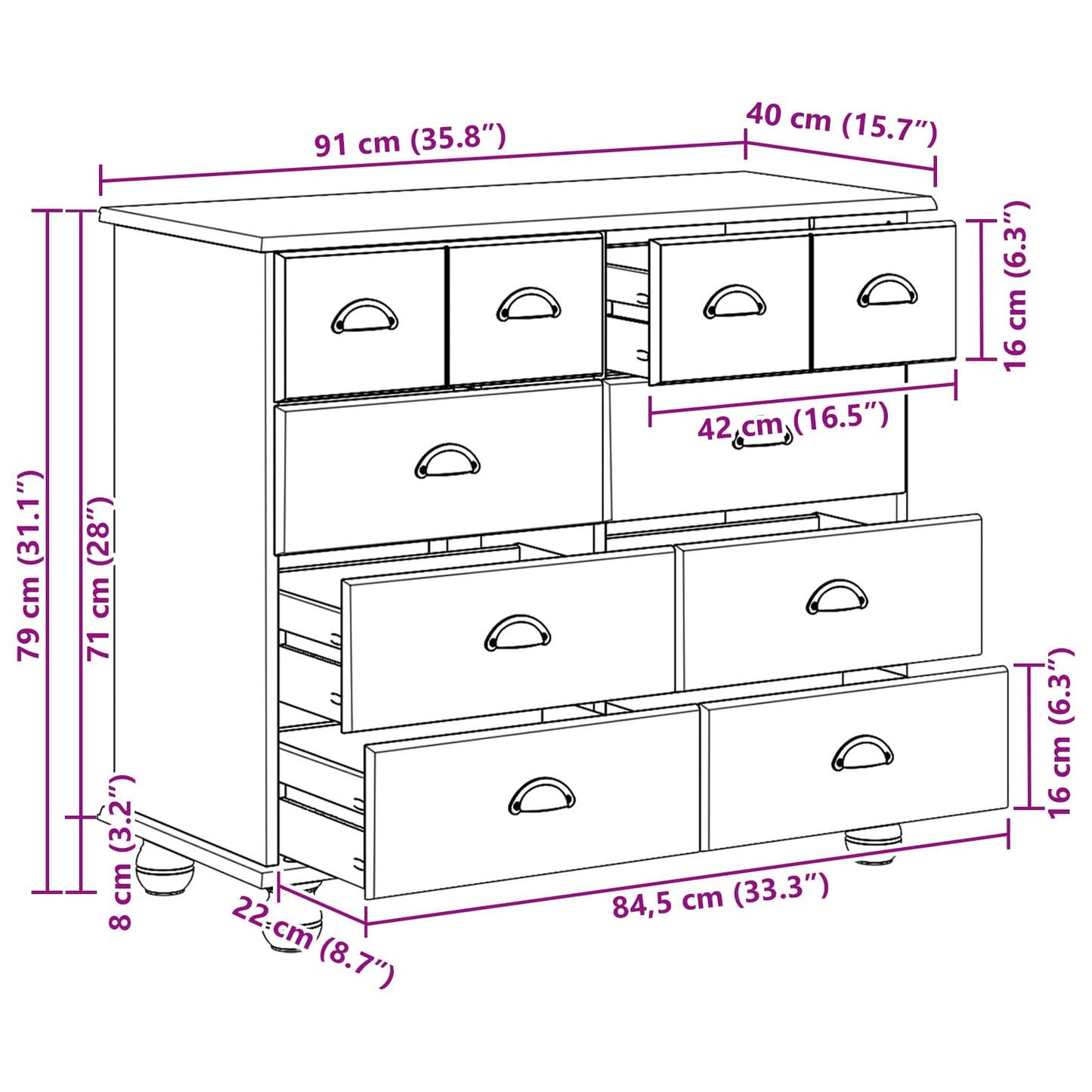 Chest of Drawer ASKIM White 91 x 40 x 79 cm Solid Pine Wood
