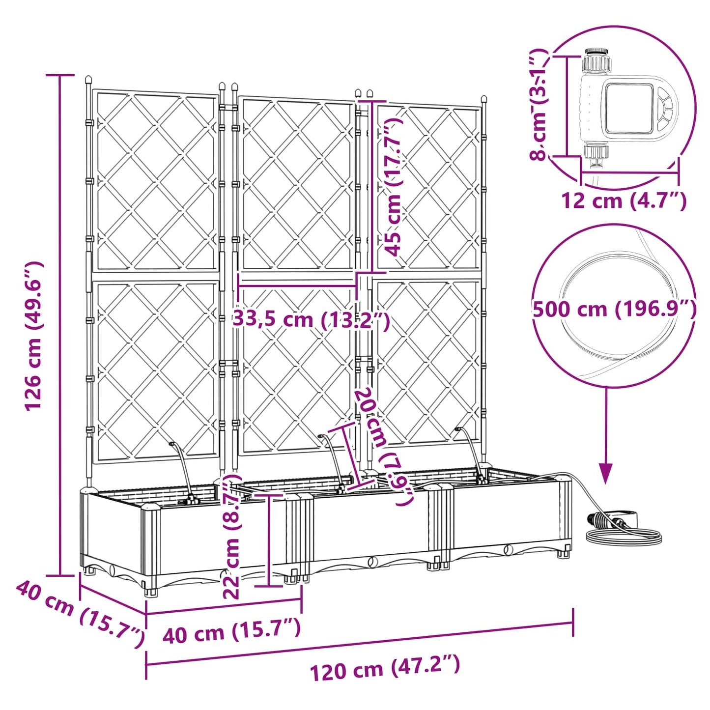 Garden Planter 3 pcs Grey 120 x 40 x 126 cm Plastic