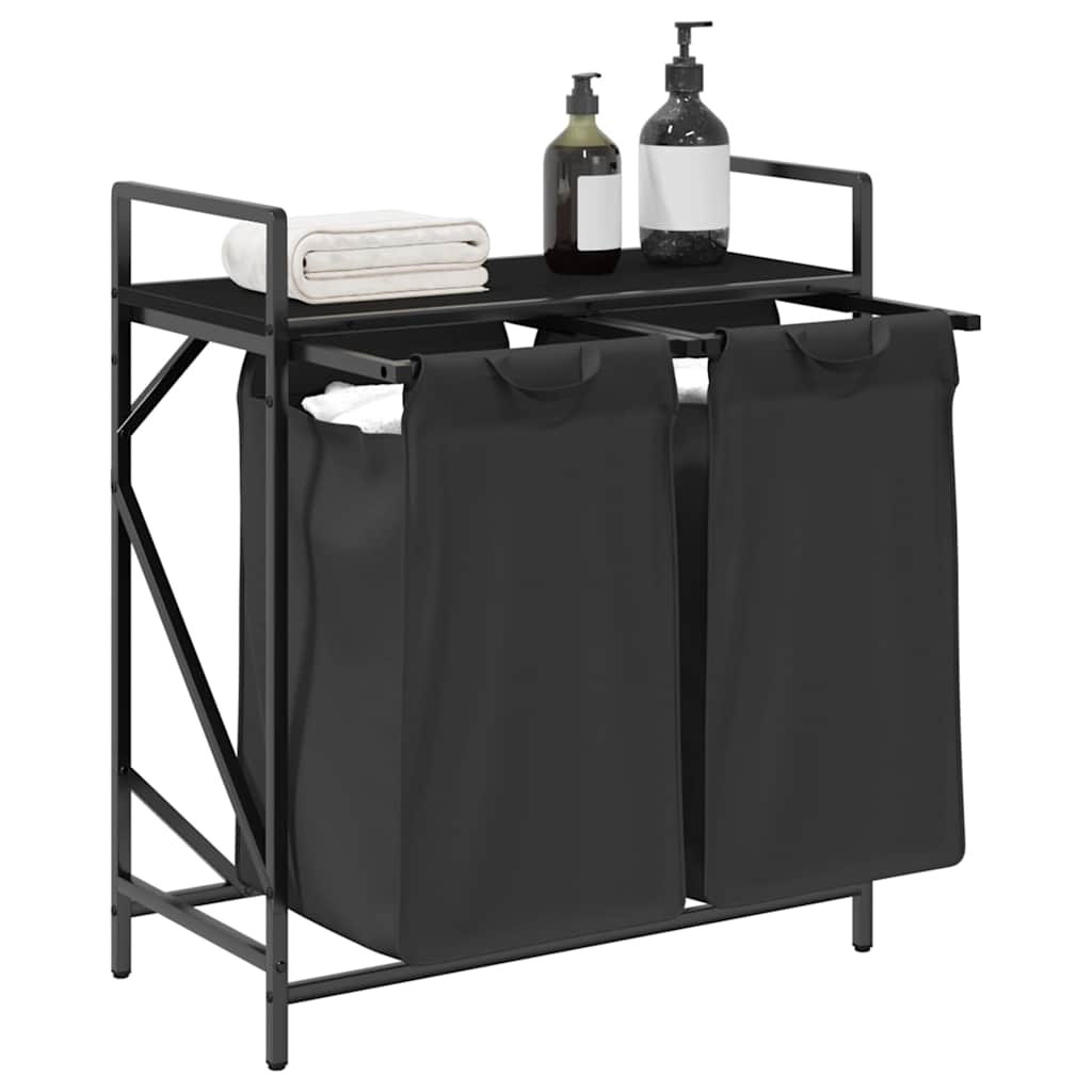 Laundry Basket 2 Compartments with Shelf Black Oak