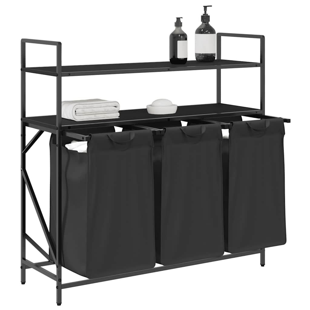 Laundry Basket 3 Compartments with Shelves Black Oak