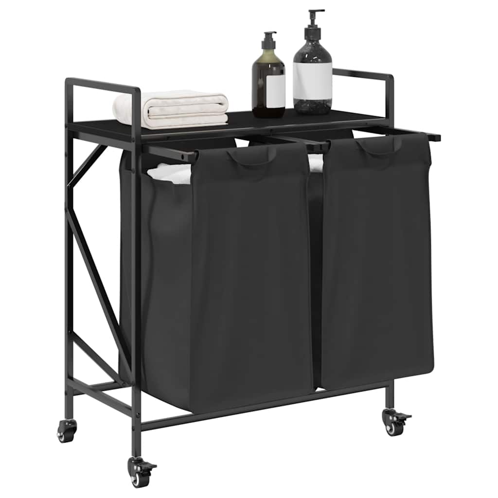Laundry Basket 2 Compartments with Wheels Black Oak