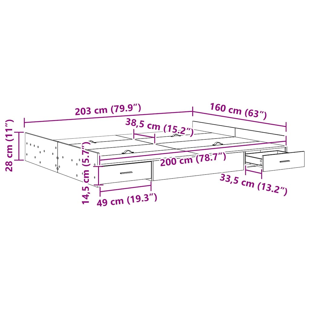 Storage Bed Frame Grey Sonoma 160 x 200 cm Engineered Wood