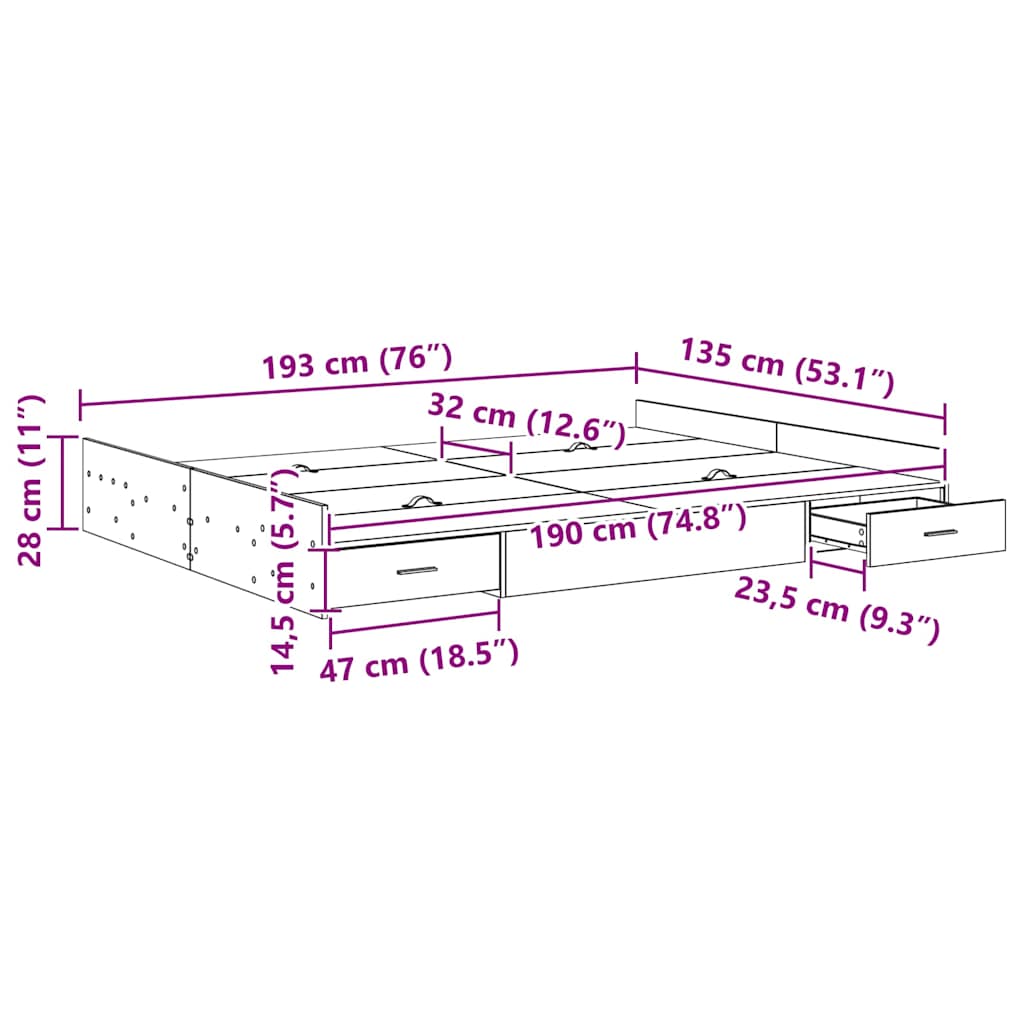 Storage Bed Frame Grey Sonoma 135 x 190 cm Engineered Wood