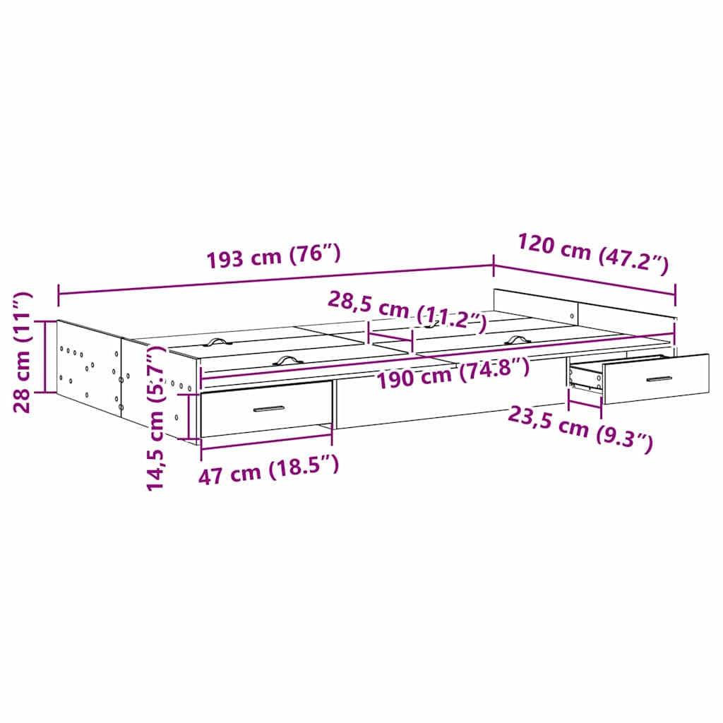 Storage Bed Frame Black Oak 120 x 190 cm Engineered Wood
