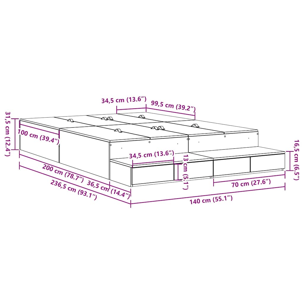 Storage Bed Frame Grey Sonoma 140 cm Engineered Wood