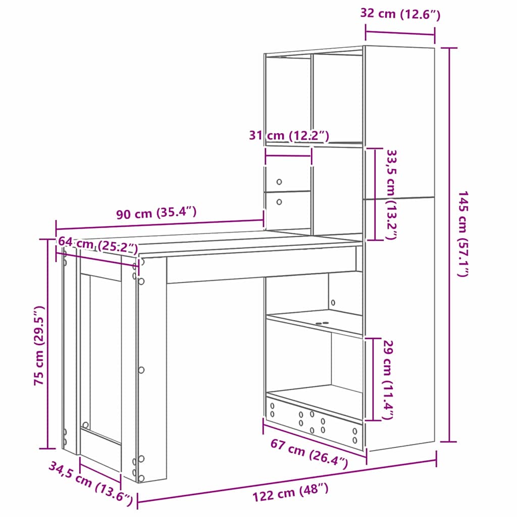 Desk Grey Sonoma Engineered Wood 122 x 67 x 145 cm