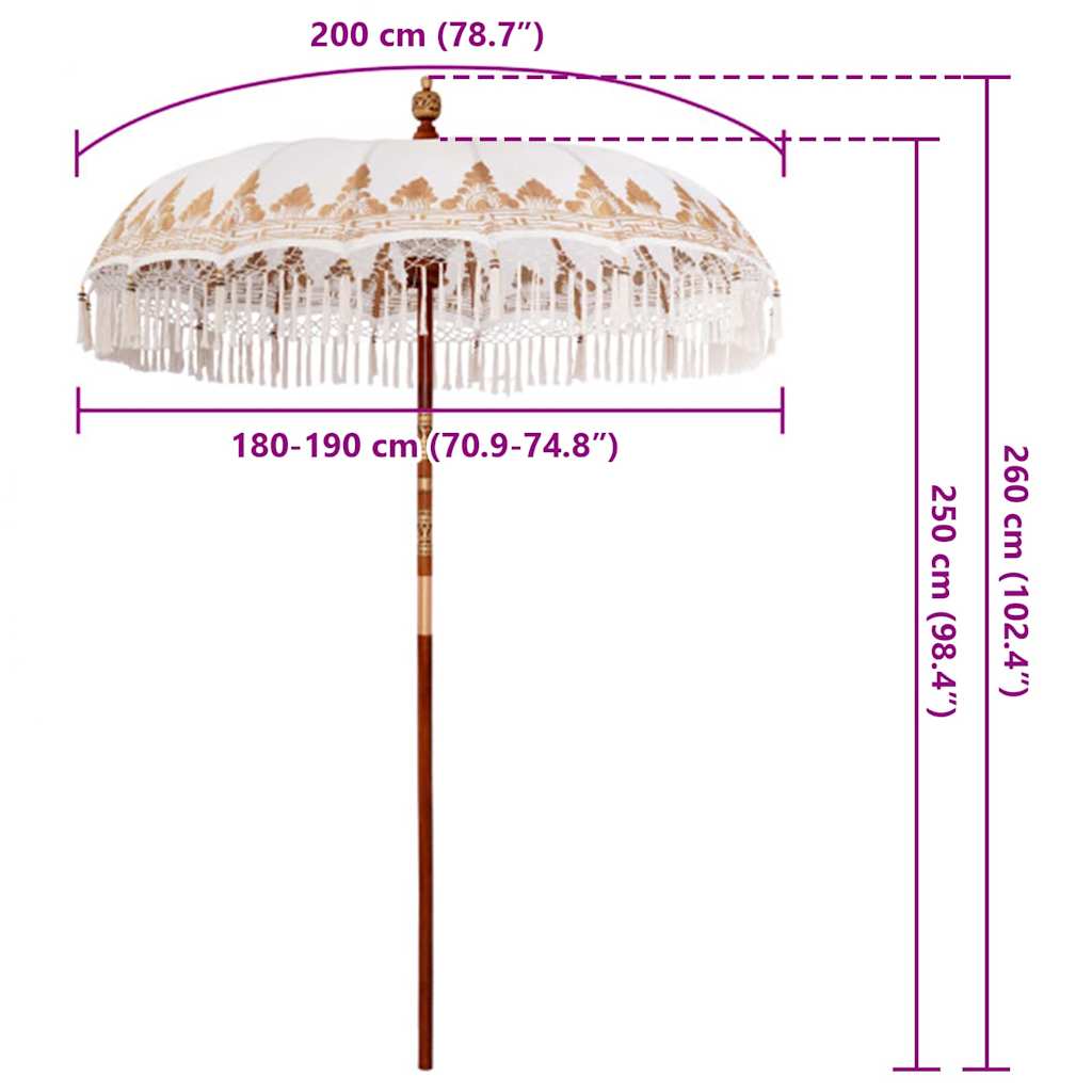 Balinese Parasol Cream 190 x 190 x 260 cm Cotton and solid wood
