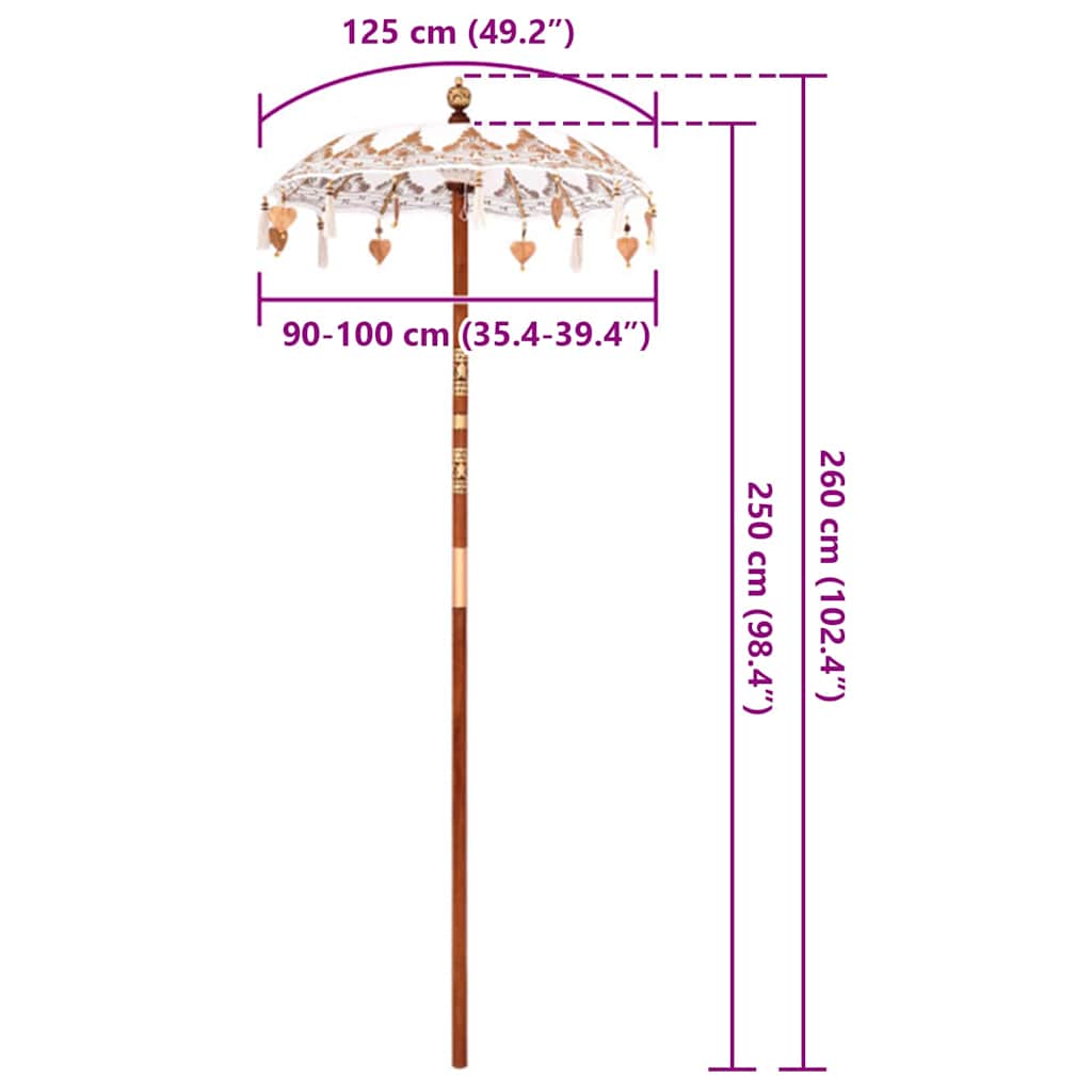 Balinese Parasol Cream 125 x 125 x 260 cm Cotton and Wood