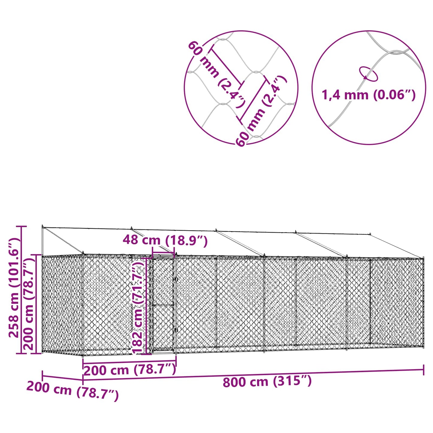 Dog Cage with Roof Silver 800 x 200 x 256 cm Steel and PE
