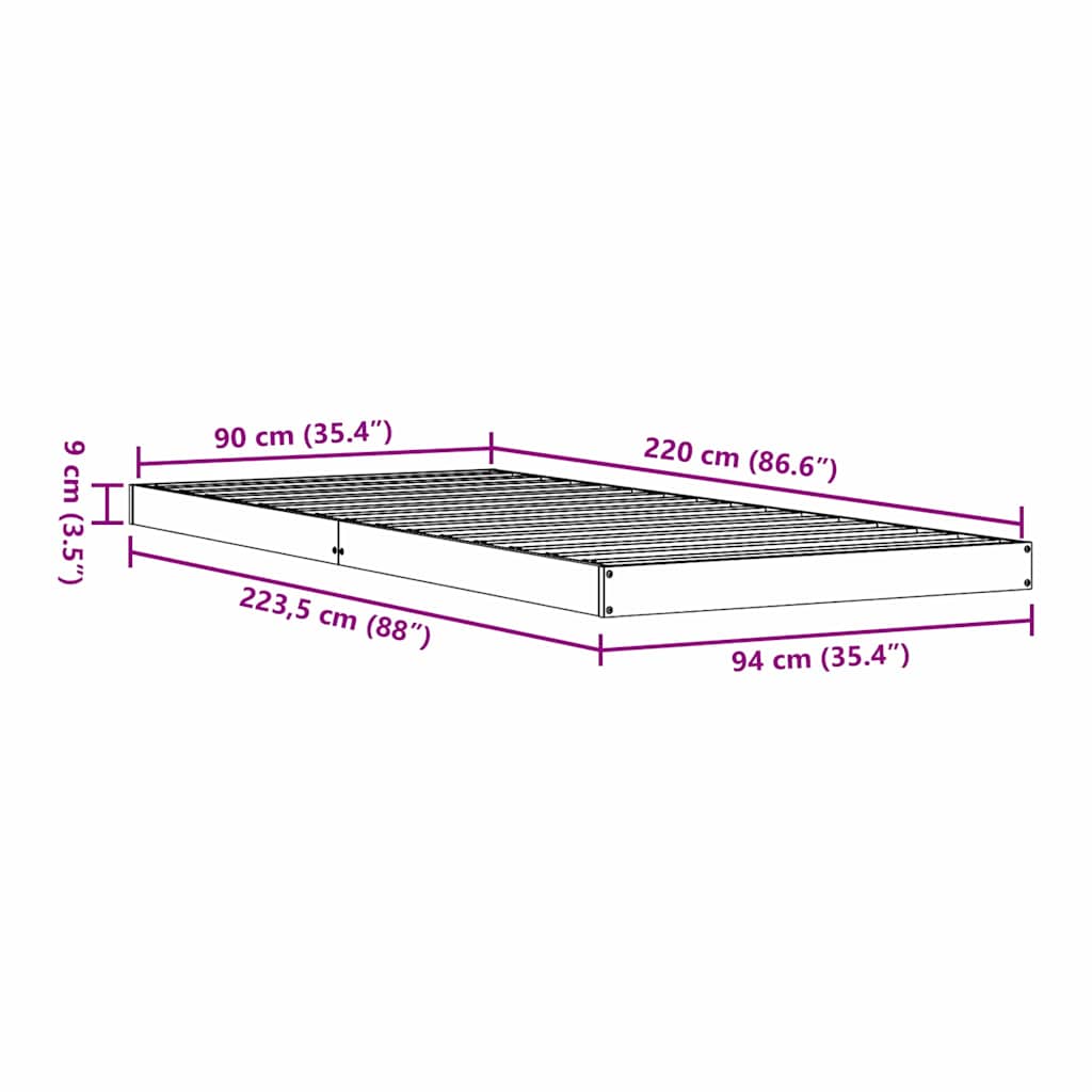 Floor Bed Frame White 90 x 220 cm Solid Pine Wood
