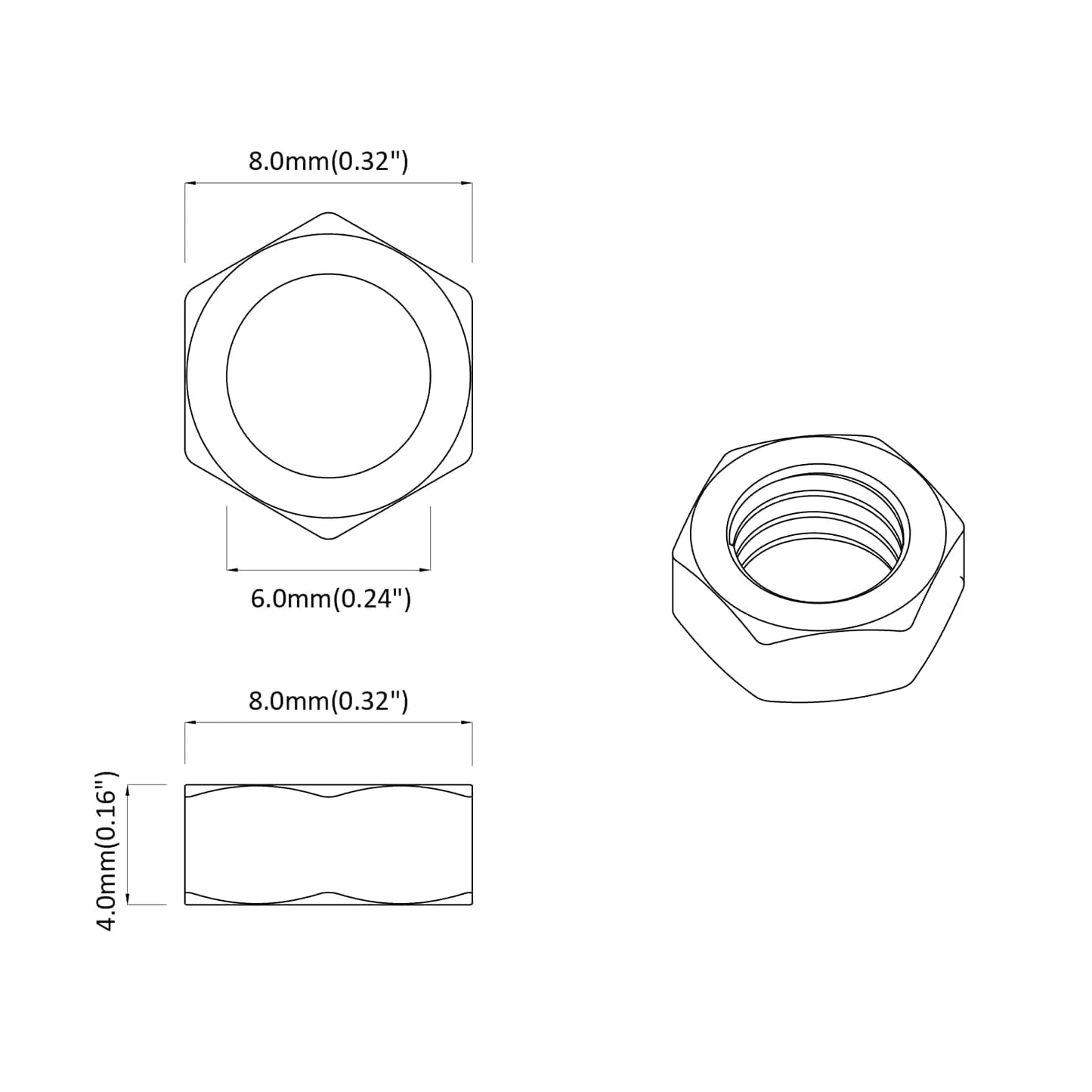 Hex Nut 2 pcs Silver M6 Metal