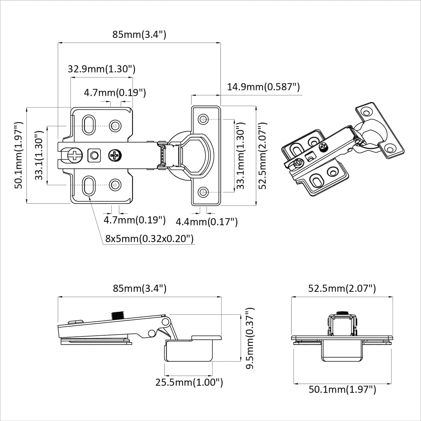 Hinge 2 pcs Nickel 85 x 52.5 x 9.5 mm Iron