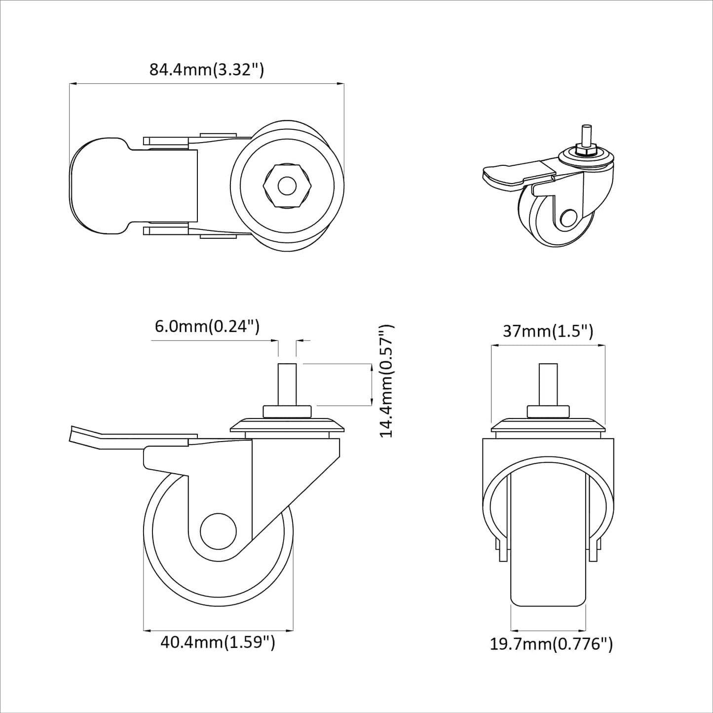 Casters 2 pcs Black M6 x 37 mm Iron and Nylon