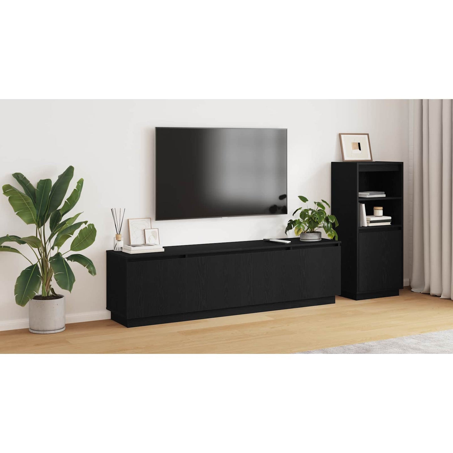 TV Cabinet with LED Black Oak 180 x 38 x 49 cm Engineered Wood