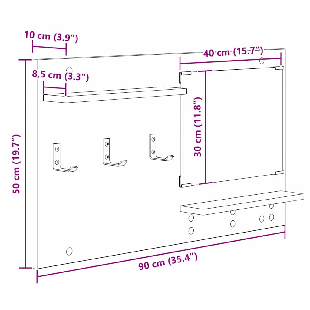 Wall-Mounted Coat Rack Wall-Mounted Grey Sonoma 90 x 10 x 50 cm
