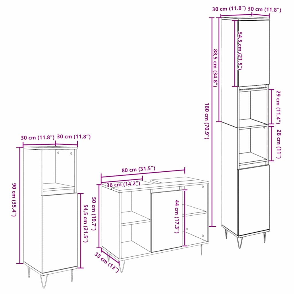Bathroom Furniture Set 3 pcs Black Oak Engineered Wood