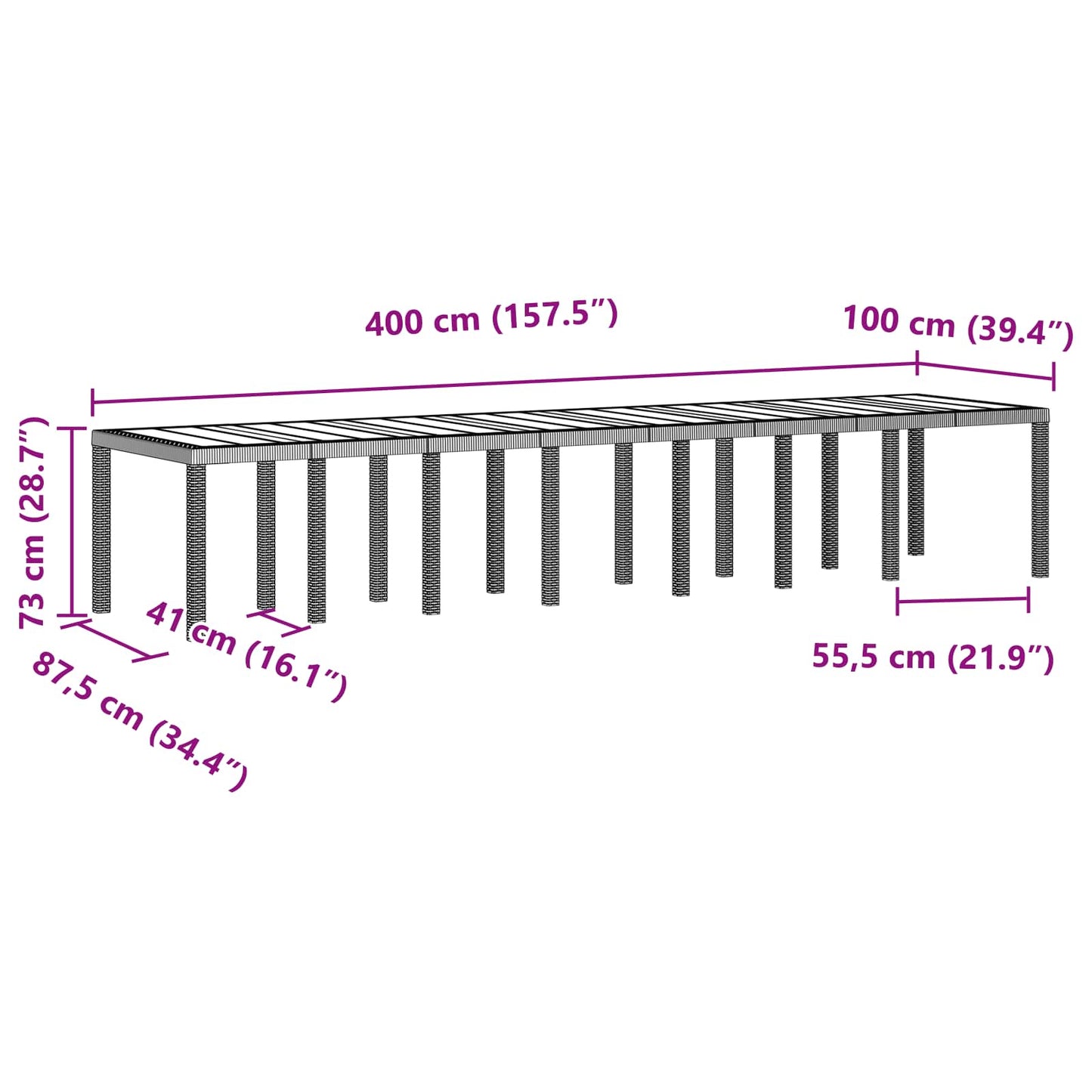 Garden Table Brown 400 x 100 x 73 cm Poly Rattan