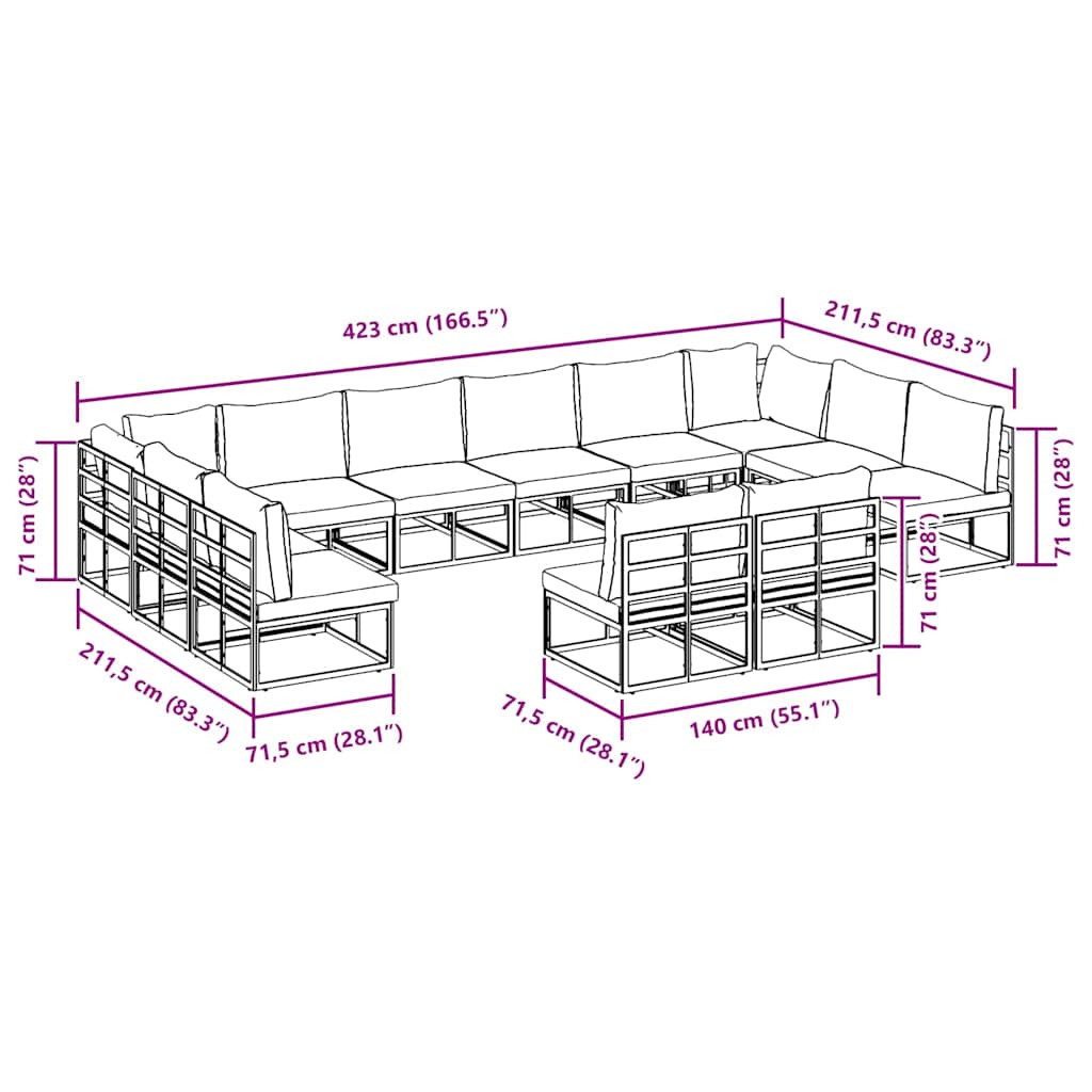 Garden Sofa Set with Cushion 12 pcs Black Aluminium