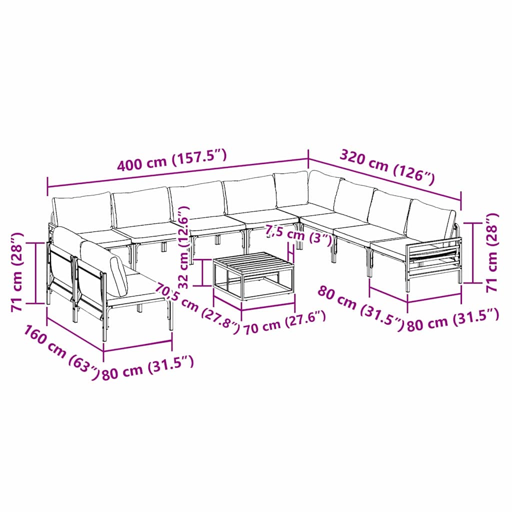 Garden Sofa Set with Cushion 11 pcs Black Steel