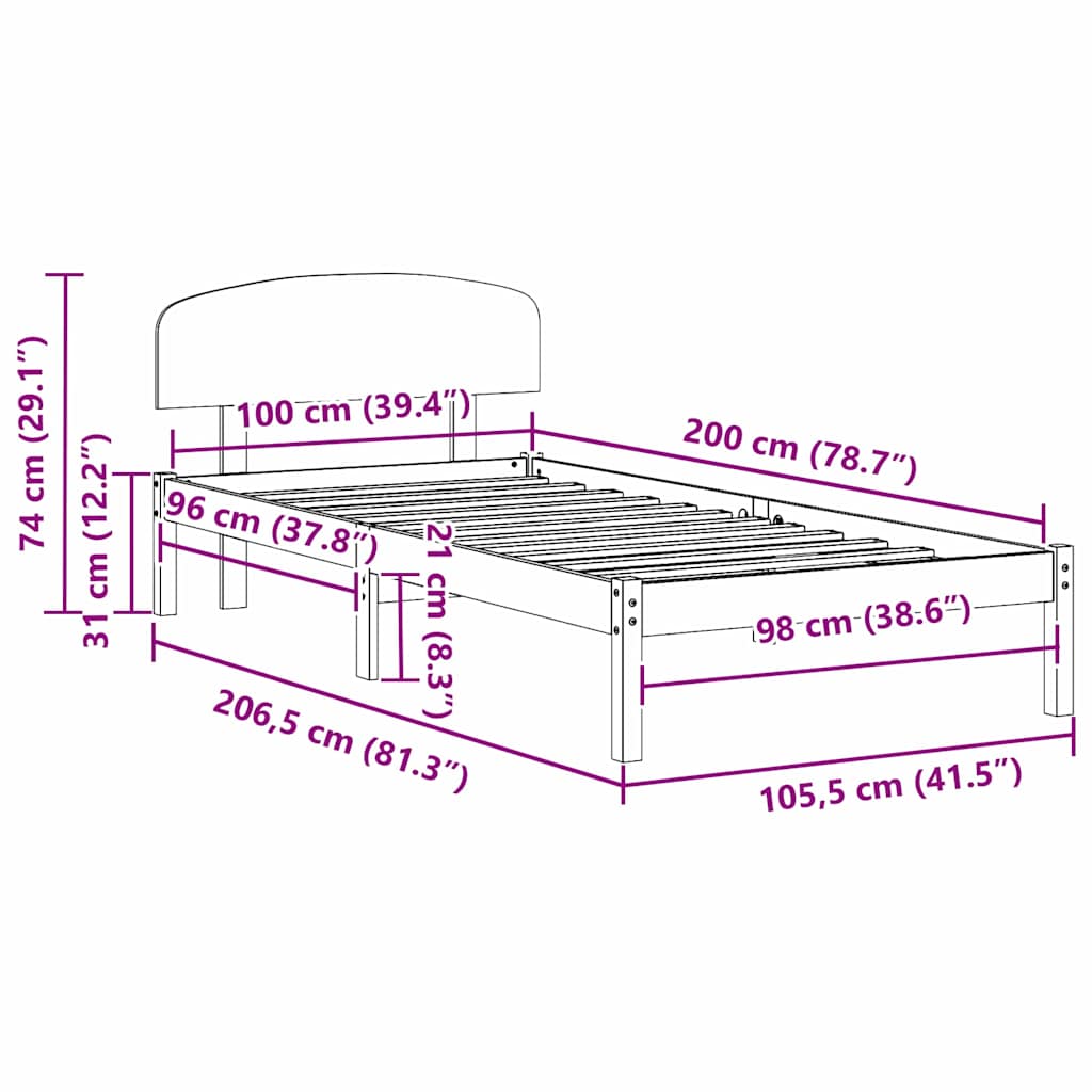 Bed Frame with Headboard White 100 x 200 cm Solid Pine Wood