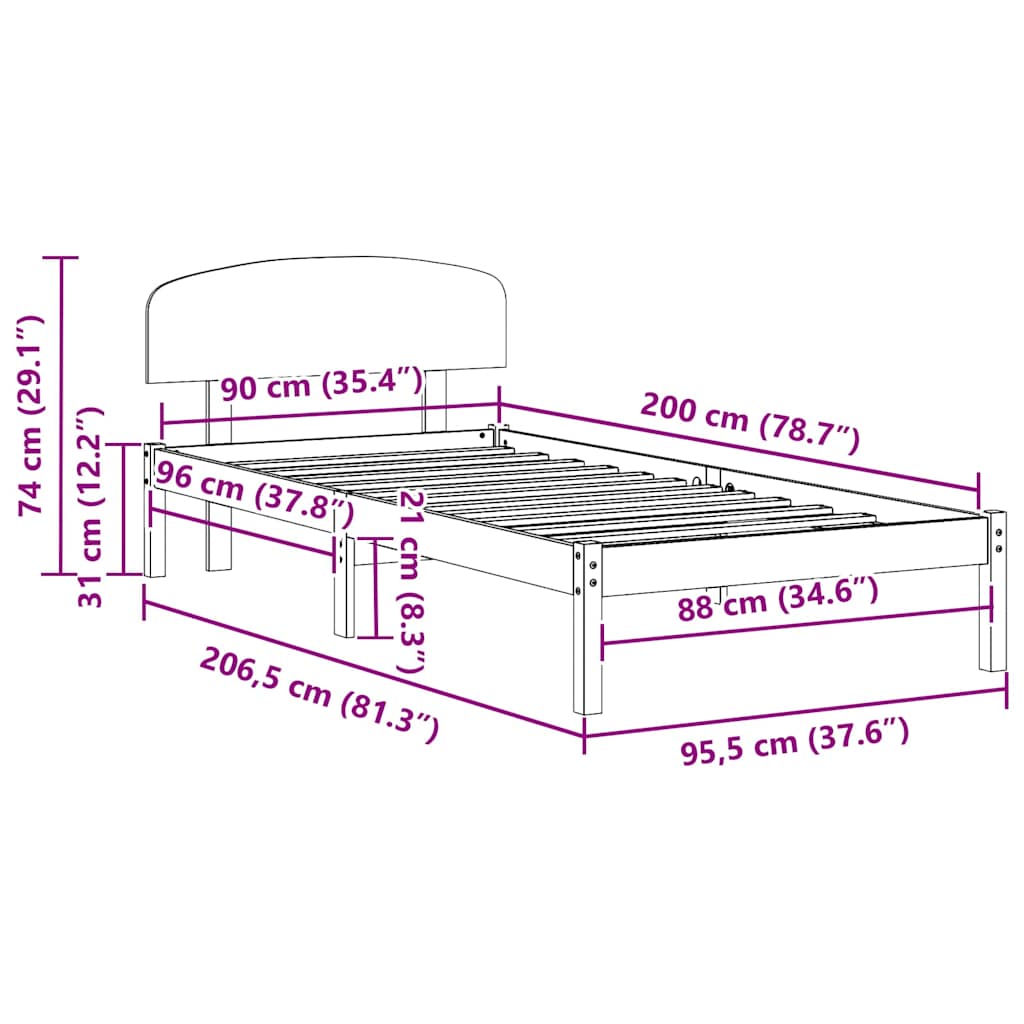 Bed Frame with Headboard White 90 x 200 cm Solid Pine Wood