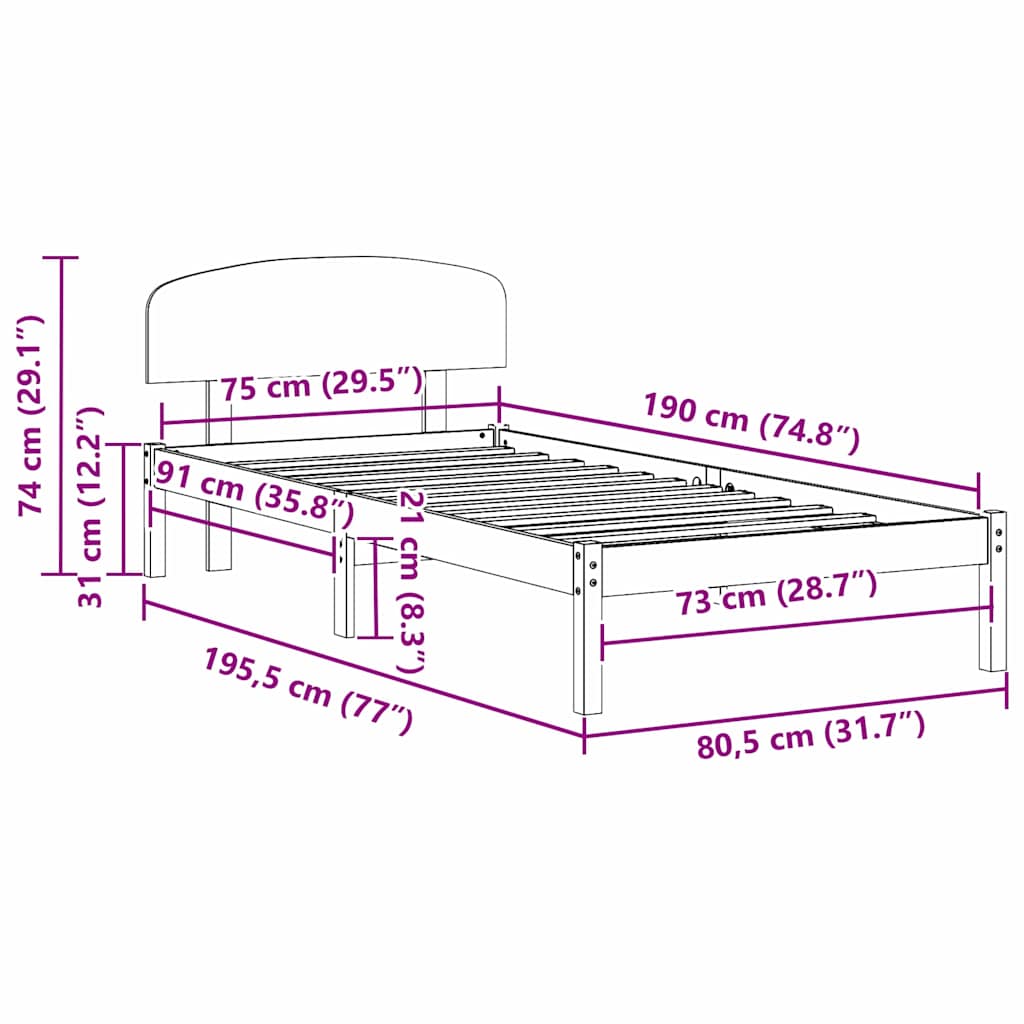 Bed Frame with Headboard Wax Brown 75 x 190 cm Solid Pine Wood