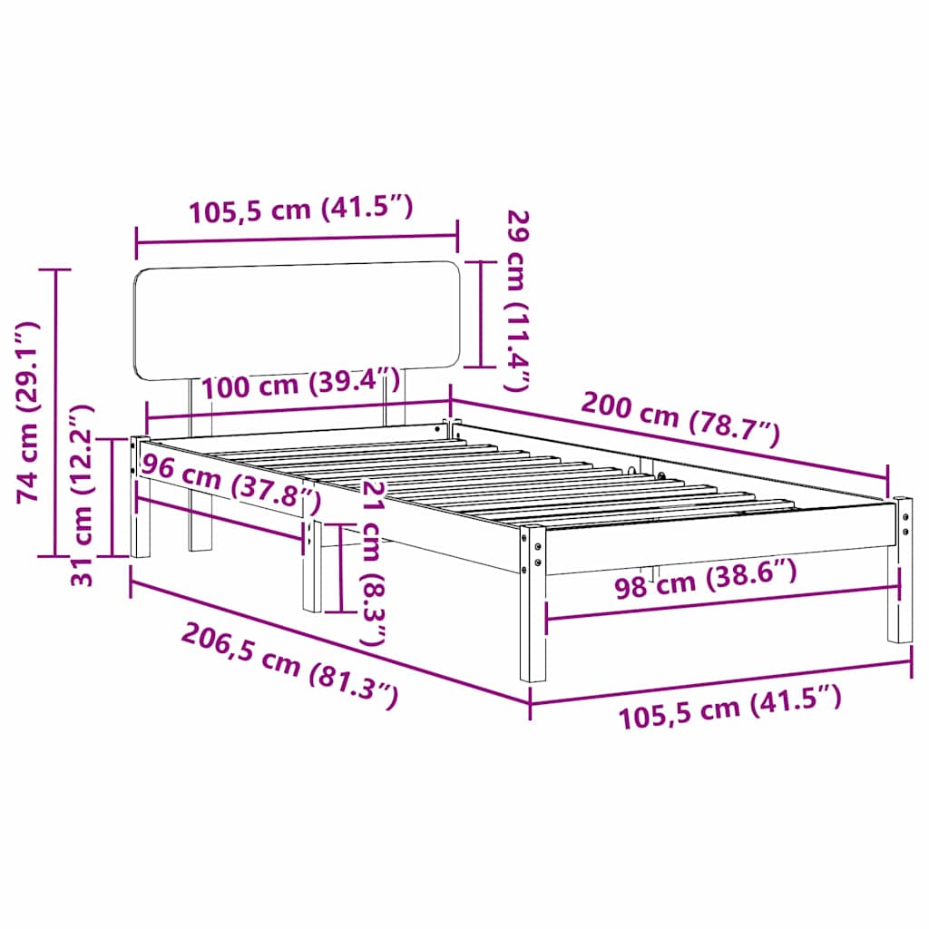 Bed Frame with Headboard White 100 x 200 cm Solid Pine Wood