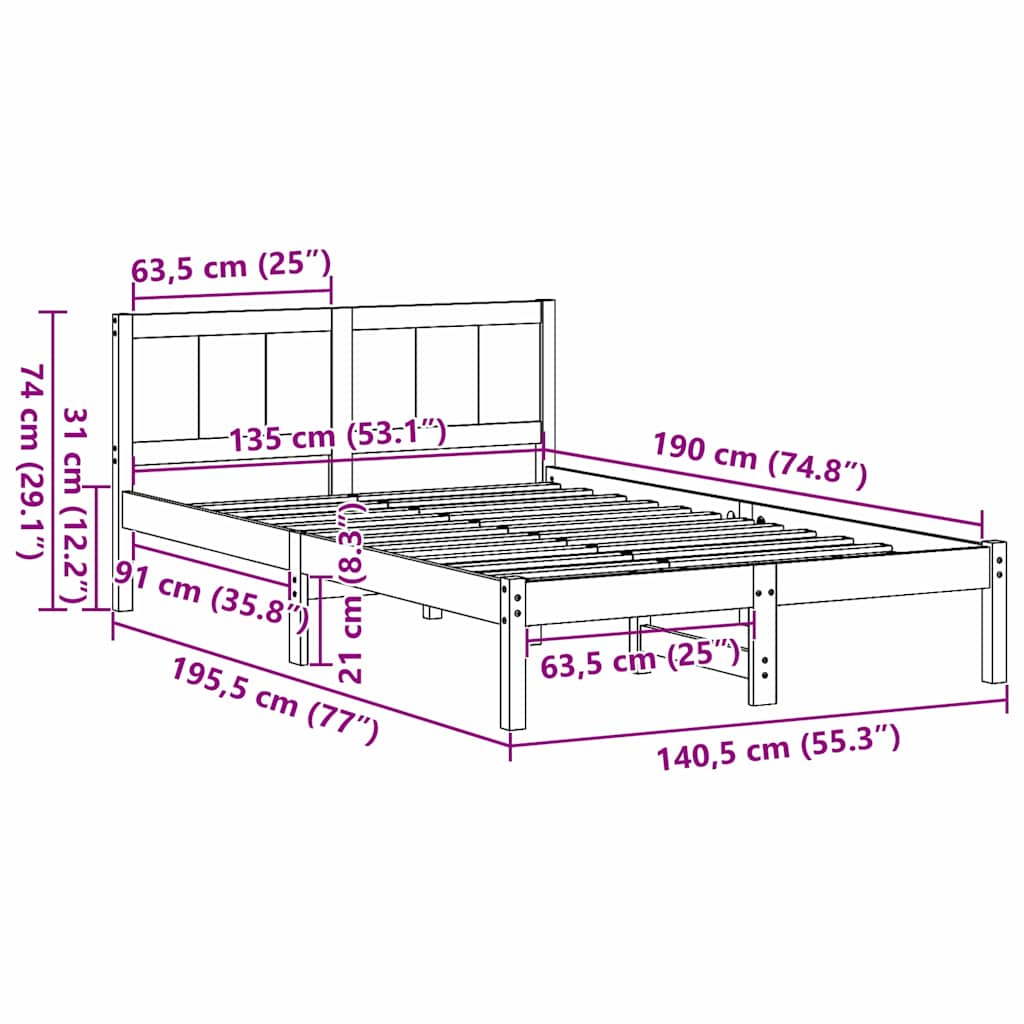 Bed Frame White 135 x 190 cm Solid Pine wood